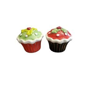 Ceramic Cupcake Holly Salt & Pepper Shaker EUC